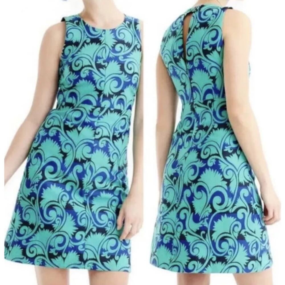 J. Crew Vineyard Jacquard Sleeveless A-Line Lined Mini Dress 6 Blue Green #3181